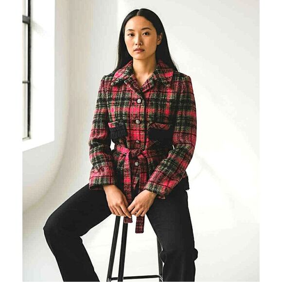 Vintage Z.C.M.I. Cameo Room 1960s Red Black Check Tweed Jacket w/Belt Fringe S/M - Picture 1 of 8